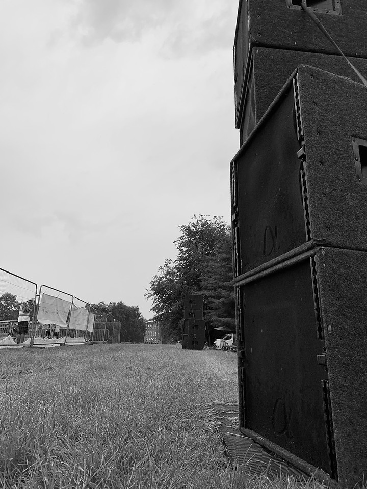 Black and White picture of a stack of speakers